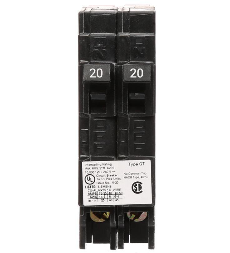 SIEMENS CANADA Q2020NC 20/20Amp 1-Pole 120V 10kA Type QT Push On Tandem Breaker