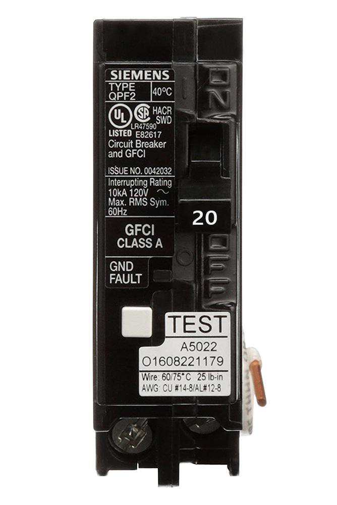 SIEMENS CANADA QF120ACSA 20Amp 120V 10kA 1-Pole Type QPF2 GFCI Circuit Breaker, CSA