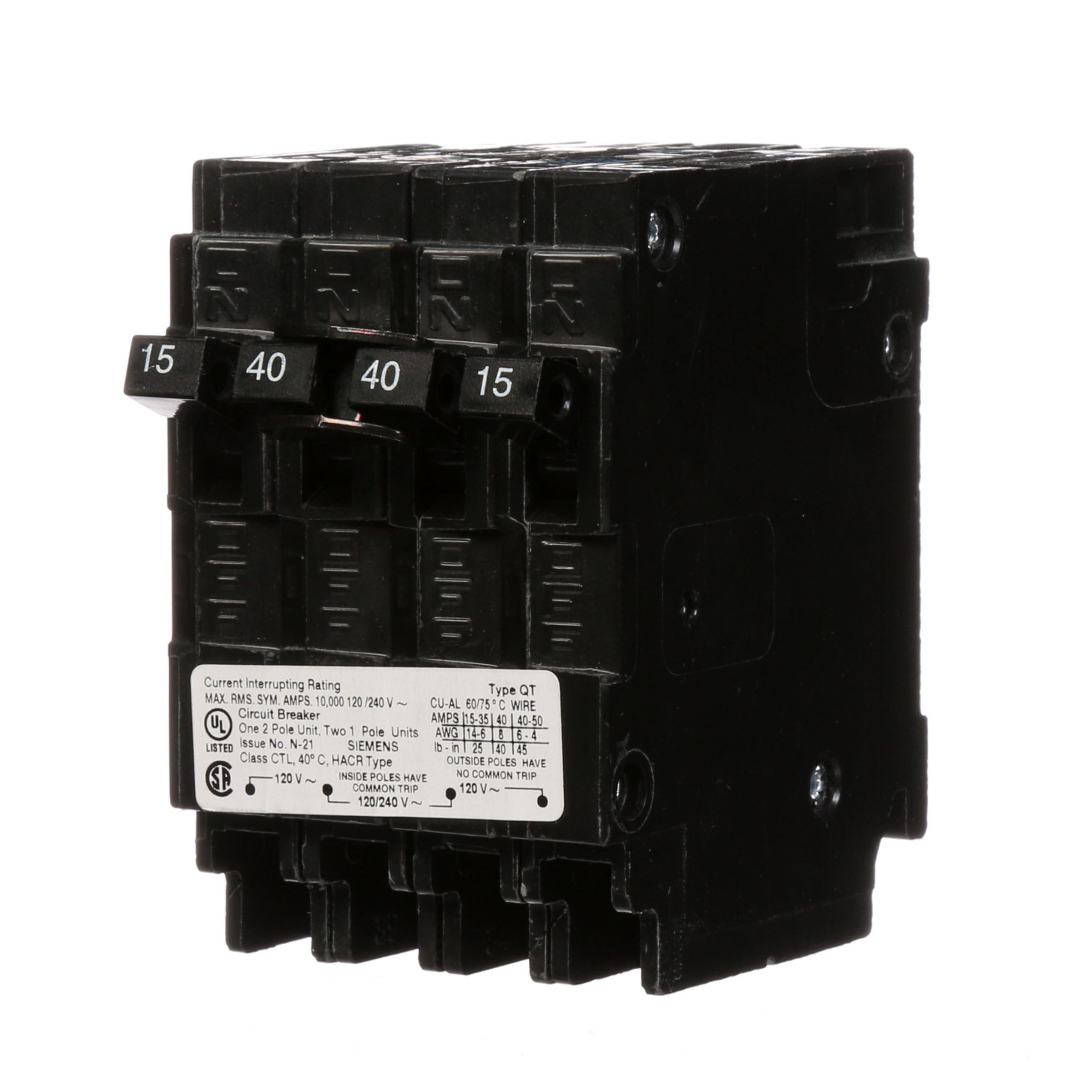 SIEMENS CANADA Q21540CTNC 15/40A 2-Pole Type QT Push-On Quad Circuit Breaker - Image 2