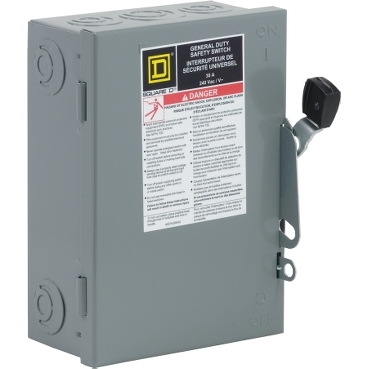 CD221N - Safety switch, general duty, fusible, 2 pole, 3 wire, 120/240VAC, 30A, Type 1 galv steel, with solid neut