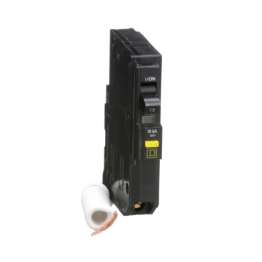 QO115GFI - Mini circuit breaker, QO, 15A, 1 pole, 120VAC, 10kA, plug in, 6mA grd fault A, pigtail