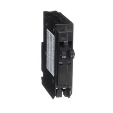 QO2015 - Tandem mini circuit breaker, QO, 1 x 1 pole at 15A, 1 x 1 pole at 20A, 120/240VAC, 10kA, plug in
