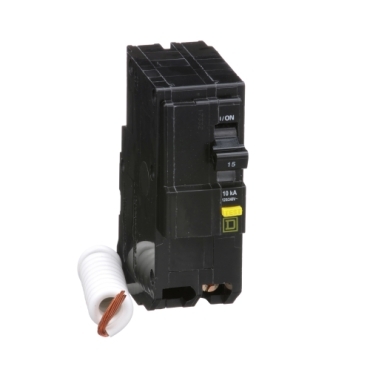 QO215GFI - Mini circuit breaker, QO, 15A, 2 pole, 120/240VAC, 10kA, plug in, 6mA grd fault A, pigtail