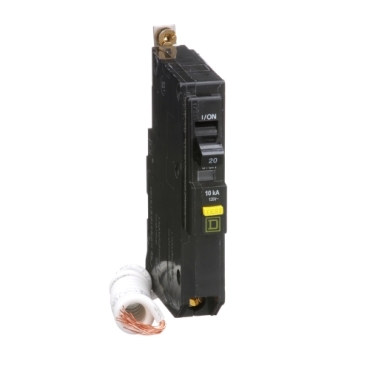 QOB120GFI - Mini circuit breaker, QO, 20A, 1 pole, 120VAC, 10kA, bolt on, 6mA grd fault A, pigtail