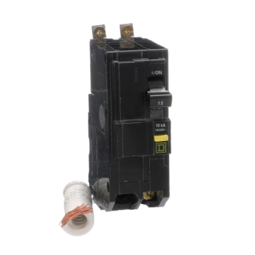 QOB215GFI - Mini circuit breaker, QO, 15A, 2 pole, 120/240VAC, 10kA, bolt on, 6mA grd fault A, pigtail