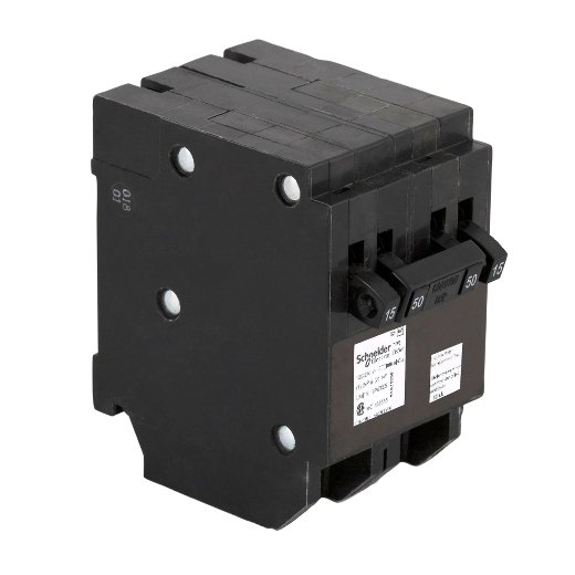 Quad tandem circuit breaker, Homeline Canadian, 2 x 1 pole at 15A, 1 x 2 pole at 50A, 120/240VAC, 10kA AIR, plug in, UL
CHOMT1515250