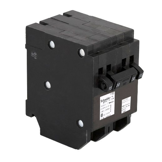 Quad tandem circuit breaker, Homeline Canadian, 2 x 1 pole at 15A, 1 x 2 pole at 30A, 120/240VAC, 10kA AIR, plug in, UL
CHOMT1515230