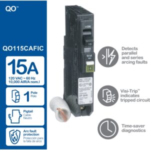 Mini circuit breaker, QO, 15A, 1 pole, 120VAC, 10kA, plug in, combo ARC fault, pigtail
QO115CAFI