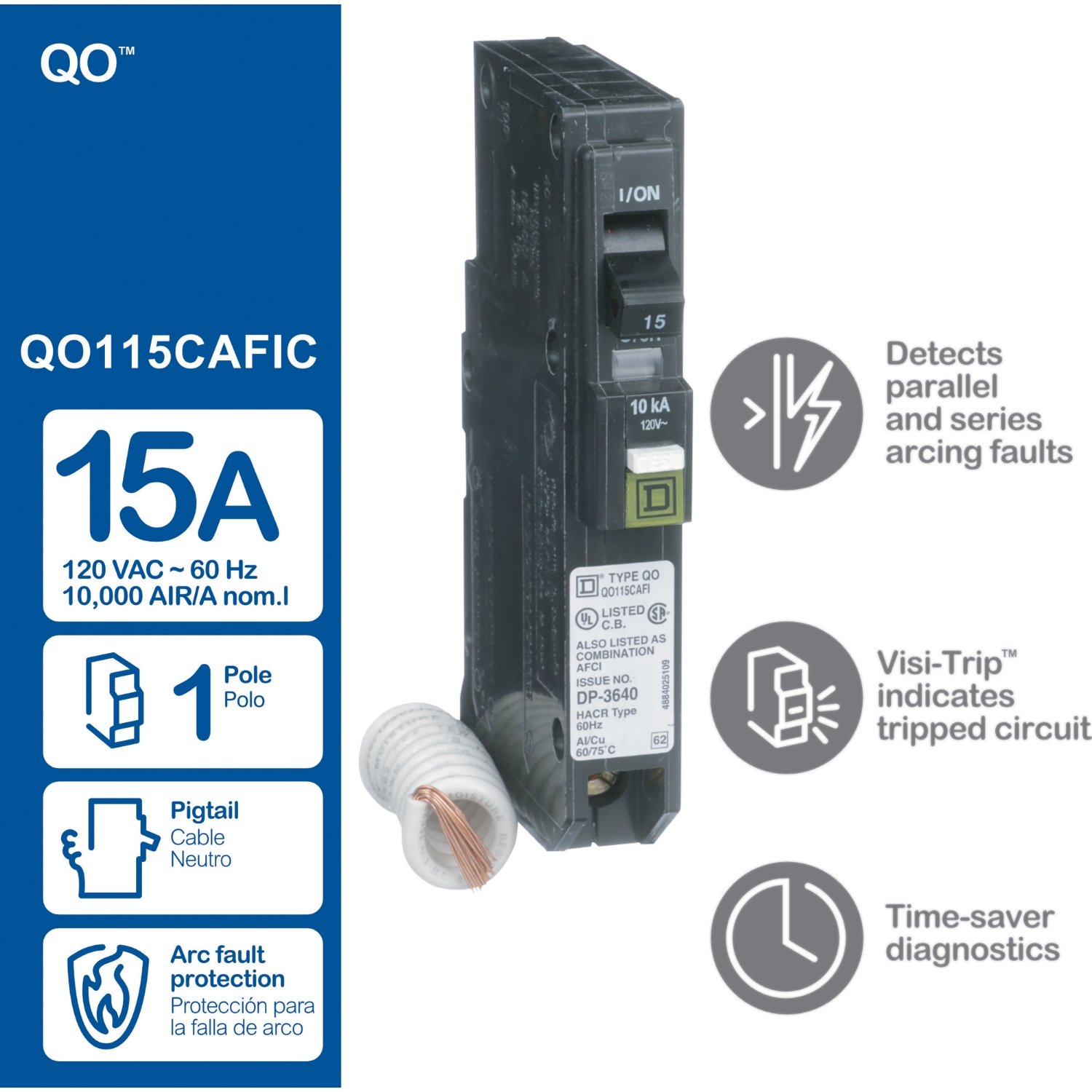 Mini circuit breaker, QO, 15A, 1 pole, 120VAC, 10kA, plug in, combo ARC fault, pigtail
QO115CAFI