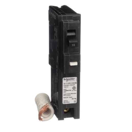 Mini circuit breaker, Homeline Canadian, 15A, 1 pole, 120VAC, 10kA AIR, combo arc fault, pigtail neutral, plug in, UL
CHOM115CAFI