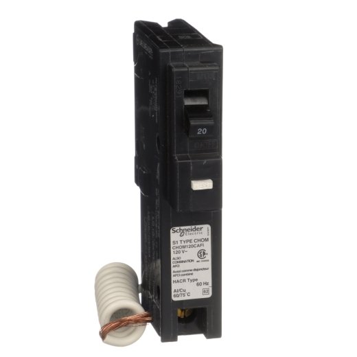 Mini circuit breaker, Homeline Canadian, 20A, 1 pole, 120VAC, 10kA AIR, combo arc fault, pigtail neutral, plug in, UL
CHOM120CAFI